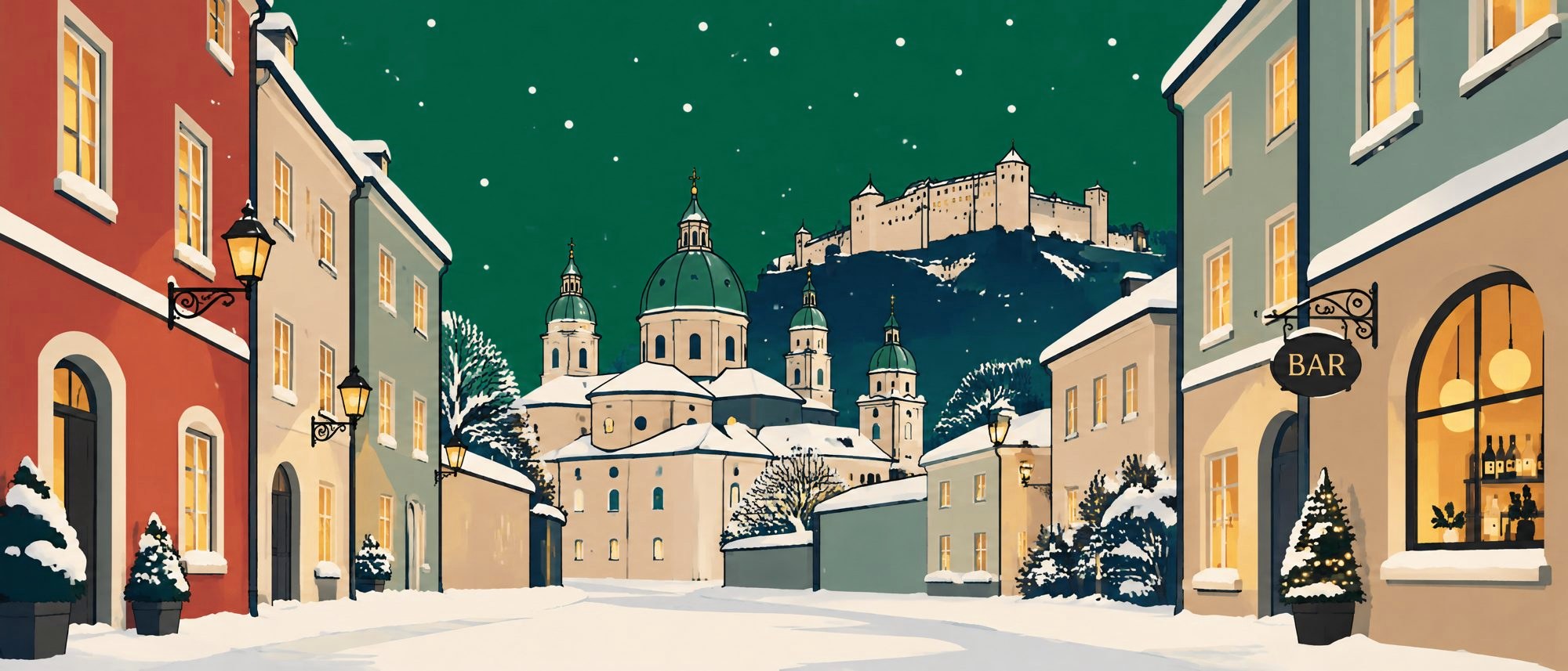 Illustration: verschneite Salzburger Altstadt mit Dom und Festung am Abend